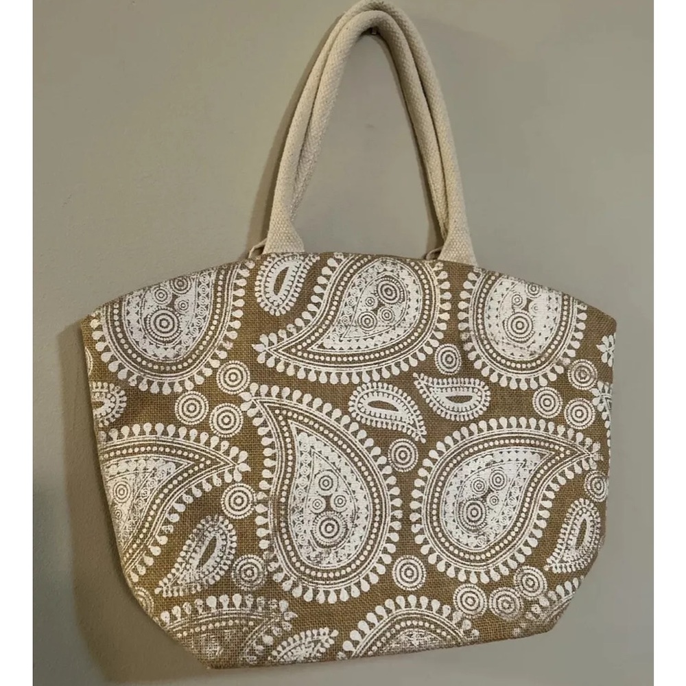 Jute Beach Tote Bag with White Paisley Pattern 16” x 12”